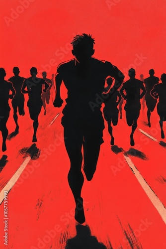 A group of runners silhouetted against a red background, symbolizing competition and striving for success.