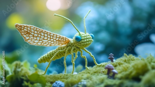 A stunning crochet insect with intricate lacey wings, set against a natural backdrop, illustrating detailed craftsmanship and creativity in textile art.