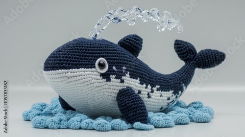 A charming blue and white crocheted whale toy spewing a water spout while resting on a blue knitted wave background, providing a whimsical oceanic depiction.