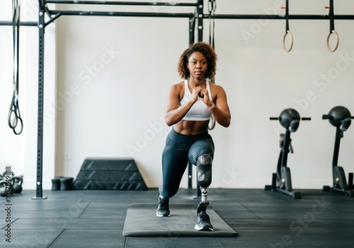 Female athlete with prosthetic leg performing lunges in gym environment