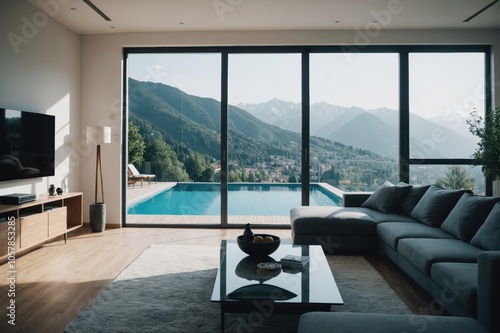 stylish minimalistic restrained modern interior of the apartment, a spacious room with a swimming pool, large panoramic windows overlooking the mountains