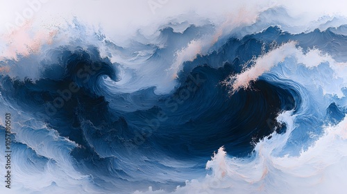 A large wave crashing on a rocky shore. The blue and white colors of the wave create a sense of movement and power, while the rocky shore adds a sense of danger and unpredictability