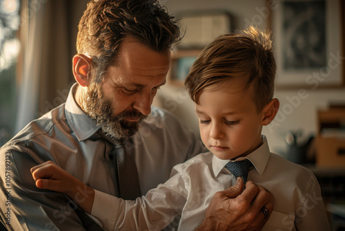 A father carefully adjusts his son’s tie, preparing him for a special occasion. Their quiet focus and the warm lighting create a memorable scene of love, guidance, and father-son bonding.