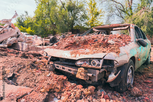 Damaged civilian car after missile strike. War in Ukraine