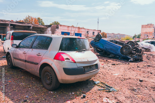 Damaged civilian car after missile strike. War in Ukraine