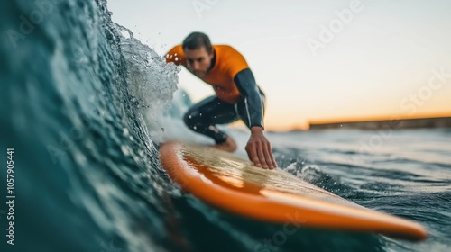 Surfer in an orange wetsuit riding a wave with a focus on the surfboard and water splash around sunset.