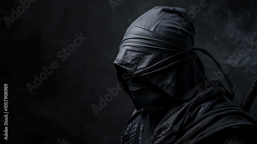 A dark and mysterious figure is seen in the shadows. He is wearing a black mask and a black hood, and his eyes are hidden in the darkness.