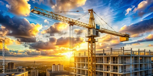 Golden Sunset Construction Majestic Yellow Crane in Urban Skyline Setting, Symbolizing Progress and Development in Cityscape Architecture