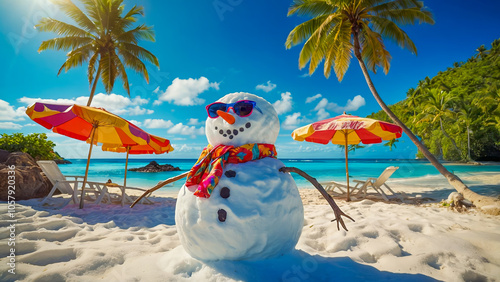 AI-generated images of snowman escaping winter with a tropical vacation