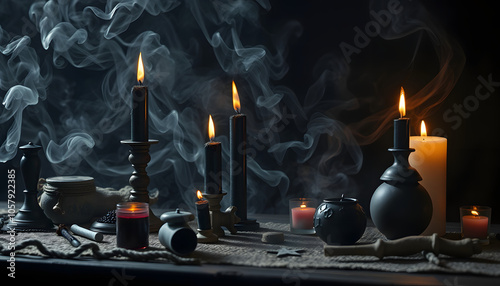 Magic and occult attributes on the table, pagan magic symbols background. Blowing black witchcraft candles. Spiritual mood and witch craft with mystic fantasy background and smoke isolated with whit