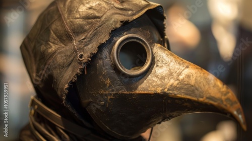 An interactive exhibit where visitors can try on a replica of an early plague doctor mask representing the primitive understanding and fear of diseases in the past.