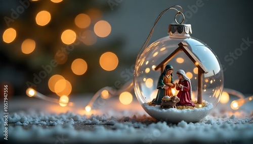 christmas ornament with nativity scene, beautifully glowing against festive lights in a peaceful setting 