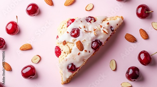 Cherry almond scone with almond glaze, isolated on a blush pink background, with cherries and almond slices