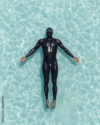 A swimmer floats on his back in a pool, wearing a black wetsuit and goggles.