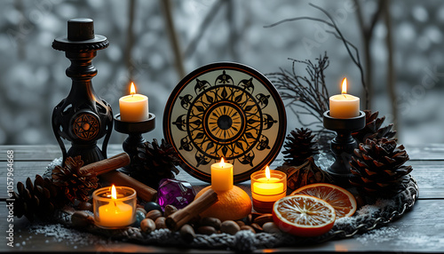 traditional Wiccan altar for Yule sabbath. Sun-moon amulet, wheel of the year, gemstones, cinnamon, nuts, cones, dry orange slices. Esoteric Ritual for Christmas, Yule, Magical Winter Solstice isola