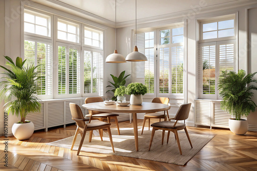 Bright airy dining room, large windows, natural light, wooden dining table, mid-century modern chairs, pendant lights, potted plants, herringbone wood floor, white walls, high ceilings, minimalist dec