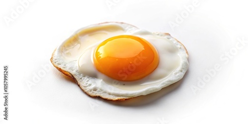 Minimalist photo of a single fried egg with intact yolk on a white background