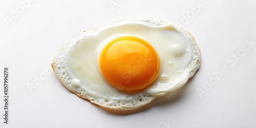 Minimalist single fried egg with intact yolk on white background