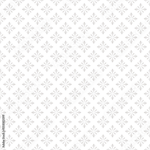 Subtle vector geometric floral seamless pattern. Simple white and gray ornamental texture in oriental style. Abstract silver background with small flower silhouettes, diamond shapes, stars, snowflakes