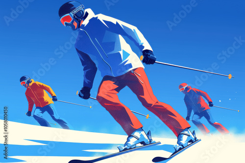 Adventure-Seeking Skiers in Action on Bright Winter Day. Illustration of three skiers in vibrant clothing, skiing in unison with a sense of teamwork, energy, and focus. 