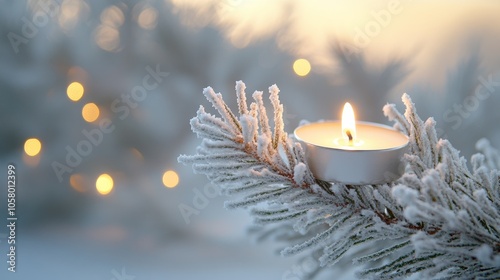 A minimalistic snowy pine branch with a lit tealight candle resting on it, softly illuminated against a blurred winter background