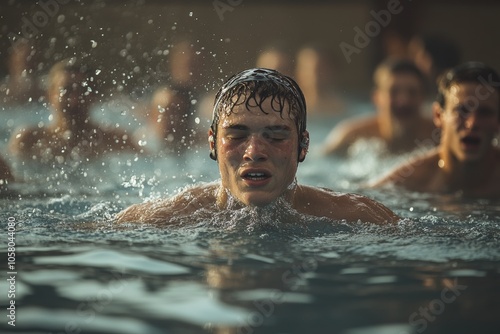  Athletes with prosthetic limbs swim in the pool during local competitions. Generative AI