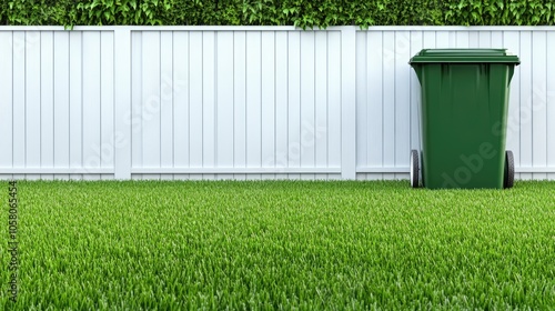 This backyard corner features a green wheelie bin set against a clean white background, creating a fresh and organized outdoor space