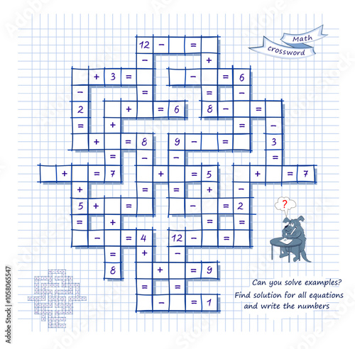 Math crossword. Can you solve examples? Find solution for all equations and write the numbers. Mathematical logic puzzle game on addition and subtraction. Brain teaser book. Vector illustration.