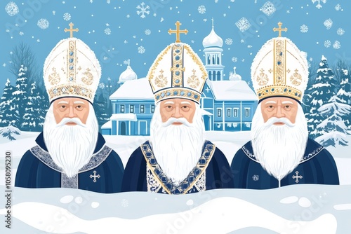 Cartoon illustration of three bishops in winter setting with snowy cathedral backdrop symbolizing tradition holiday unity and spirituality in a playful festive style