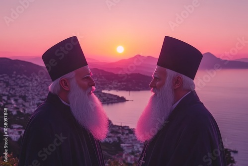 Two elderly men in black robes facing each other against a sunset over water symbolizing wisdom companionship and reflection in a peaceful coastal setting