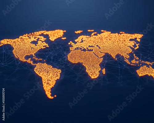 Glowing orange world map with blue network lines.