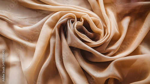 A close-up view of luxurious satin fabric in warm beige tones, elegantly twisted into a rose-like shape, highlighting its silky texture and sheen.