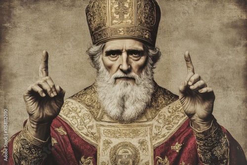 Historic illustration of Saint Nicholas in ornate attire capturing religious reverence saintly wisdom and the classic iconography of a revered holiday figure