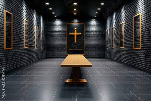 Digital 3D scene of an interrogation room with a one-way mirror and intense lighting, capturing the suspense and controlled tension of modern interrogation, symbolizing intensity and scrutiny