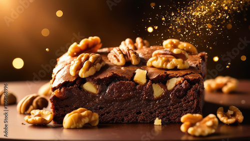 Delicious brownie topped with walnuts, warm and inviting on a dark background.