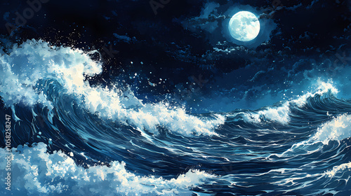 Animestyle ocean waves under moonlit sky dynamic water movement stylized foam ethereal moonbeam reflections moody nighttime palette. Moonlit Ocean. Illustration