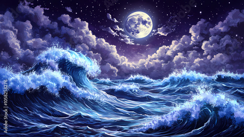 Animestyle ocean waves under moonlit sky dynamic water movement stylized foam ethereal moonbeam reflections moody nighttime palette. Moonlit Ocean. Illustration