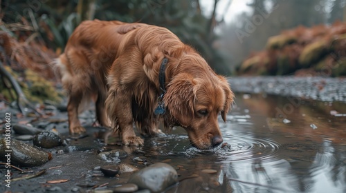 Joyful golden retriever obeys commands by the water, capturing splashes amidst scenic beauty