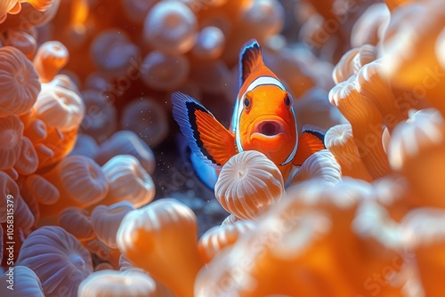 A close up of a vibrant orange clownfish (Amphiprion ocellaris) amidst the soft tentacles of a sea anemone in a coral reef setting.