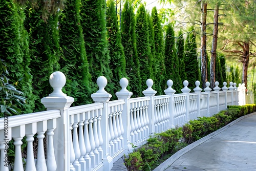 White balustrade in the garden with green trees and bushes.