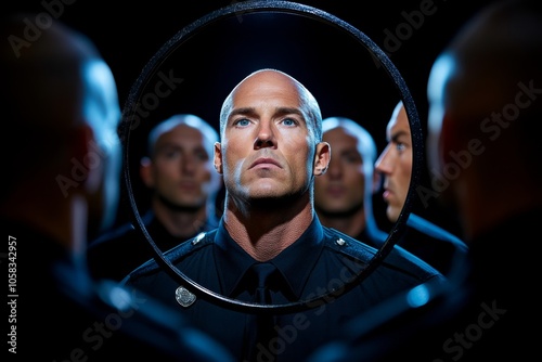 Police officers behind a one-way mirror observing an intense interrogation, with dim lighting capturing the focus and suspense of the scene, symbolizing control and observation