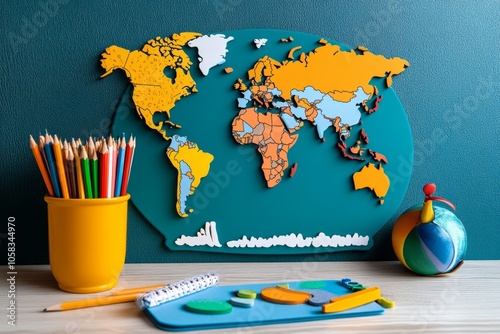 a 2D cartoon illustration of a colorful world map on the wall for geography class educational white background