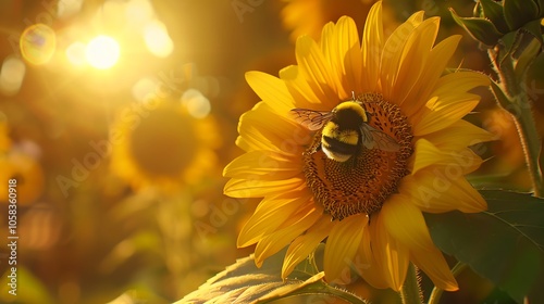 A bumblebee collecting pollen from a bright yellow sunflower in a garden