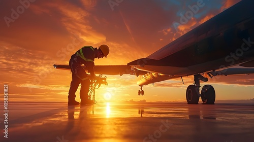 Close up view of an aerospace engineer inspecting aircraft wings under the soft morning light on the airport runway