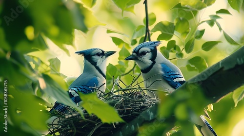 A pair of blue jays gathering twigs to build a nest in a leafy tree.