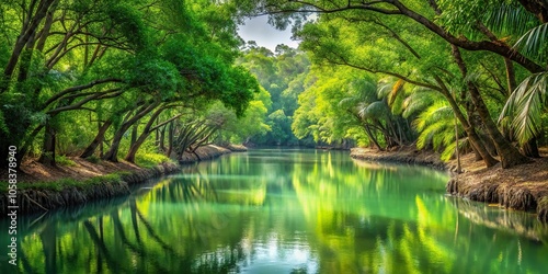 5. A tranquil scene of a green forest surrounding a lazy river in the Sundarbans, a realistic photo image.