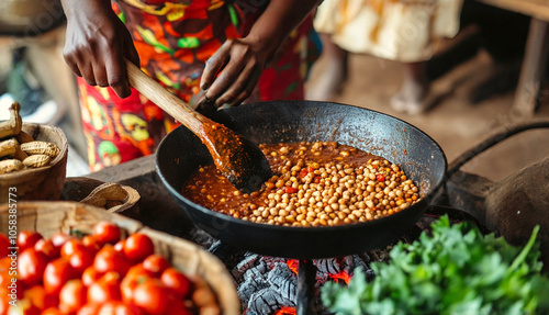 A woman cooking peanut stew or groundnut stew in a pan.