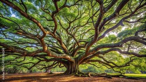 A sprawling tree with a massive canopy overhead, its branches stretching out in all directions like a celestial map, trunk, natural wonder, wooden branches, foliage, twiggy