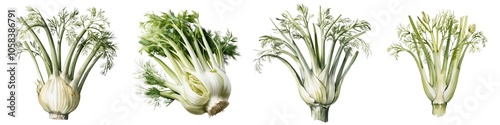 Fresh, vibrant fennel bulbs on a white isolated background.