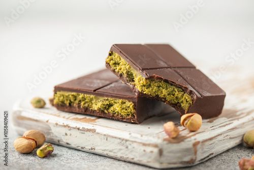 Dubai chocolate with green cataifi and pistachio paste. Trend dessert